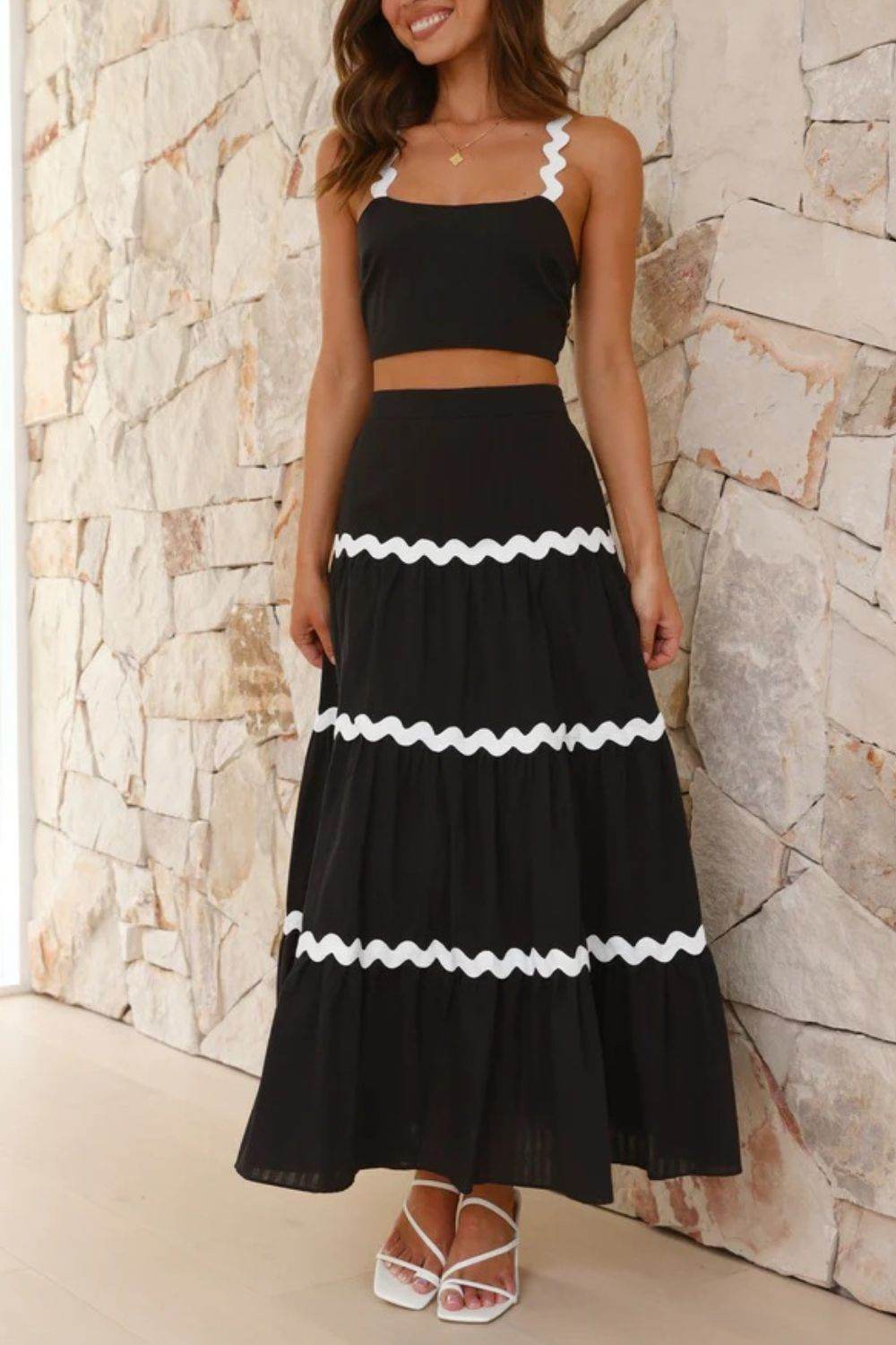 Contrast Trim Cami and Maxi Skirt Set - Hovatok