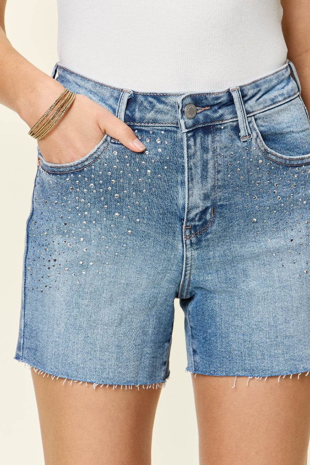 Judy Blue Full Size High Waist Rhinestone Decor Denim Shorts - Hovatok