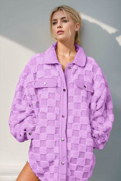 Double Take Button Up Fuzzy Checkered Shacket - Hovatok