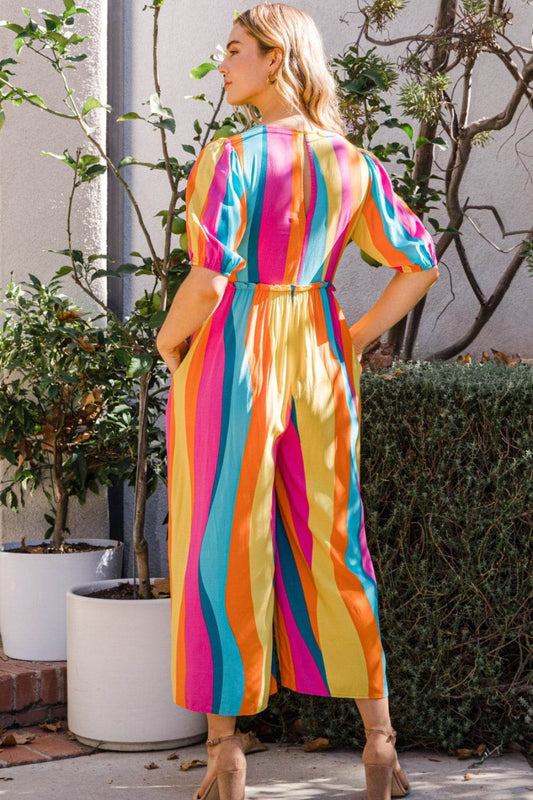 ODDI Full Size Striped Puff Sleeve Wide Leg Jumpsuit - Hovatok