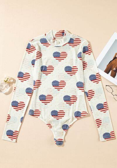 US Flag Heart Mock Neck Long Sleeve Bodysuit - Hovatok
