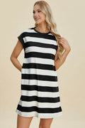 Basic Bae Full Size Striped Round Neck Cap Sleeve Mini Dress - Hovatok