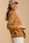 Umgee Full Size Animal Print Round Neck Distressed Detail Sweater Plus Size - Hovatok