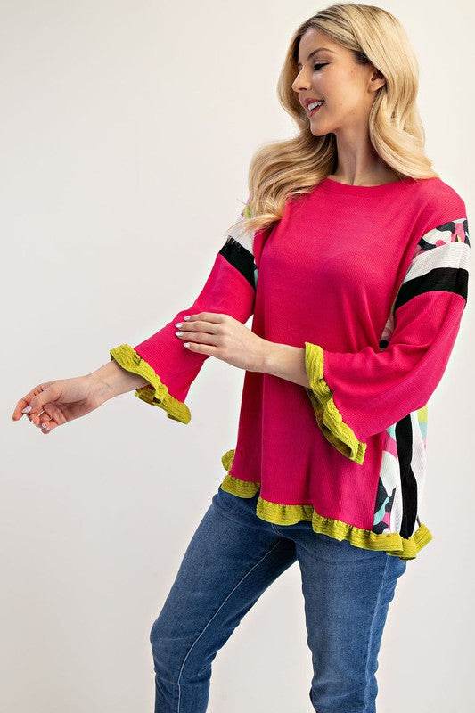 Celeste Full Size Ruffle Sleeve Color Block Top Plus Size - Hovatok