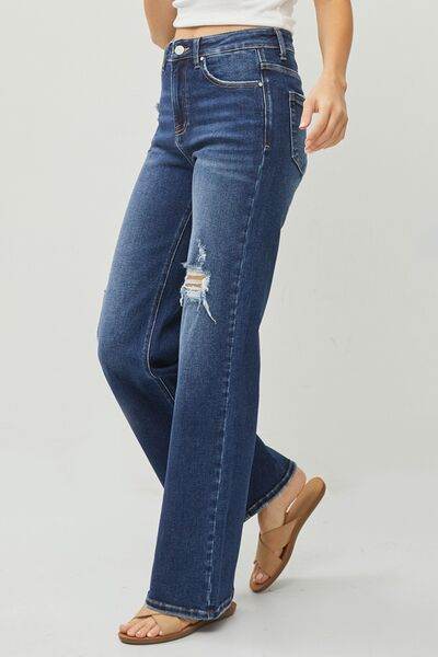 RISEN Full Size High Rise Distressed Wide Leg Jeans - Hovatok
