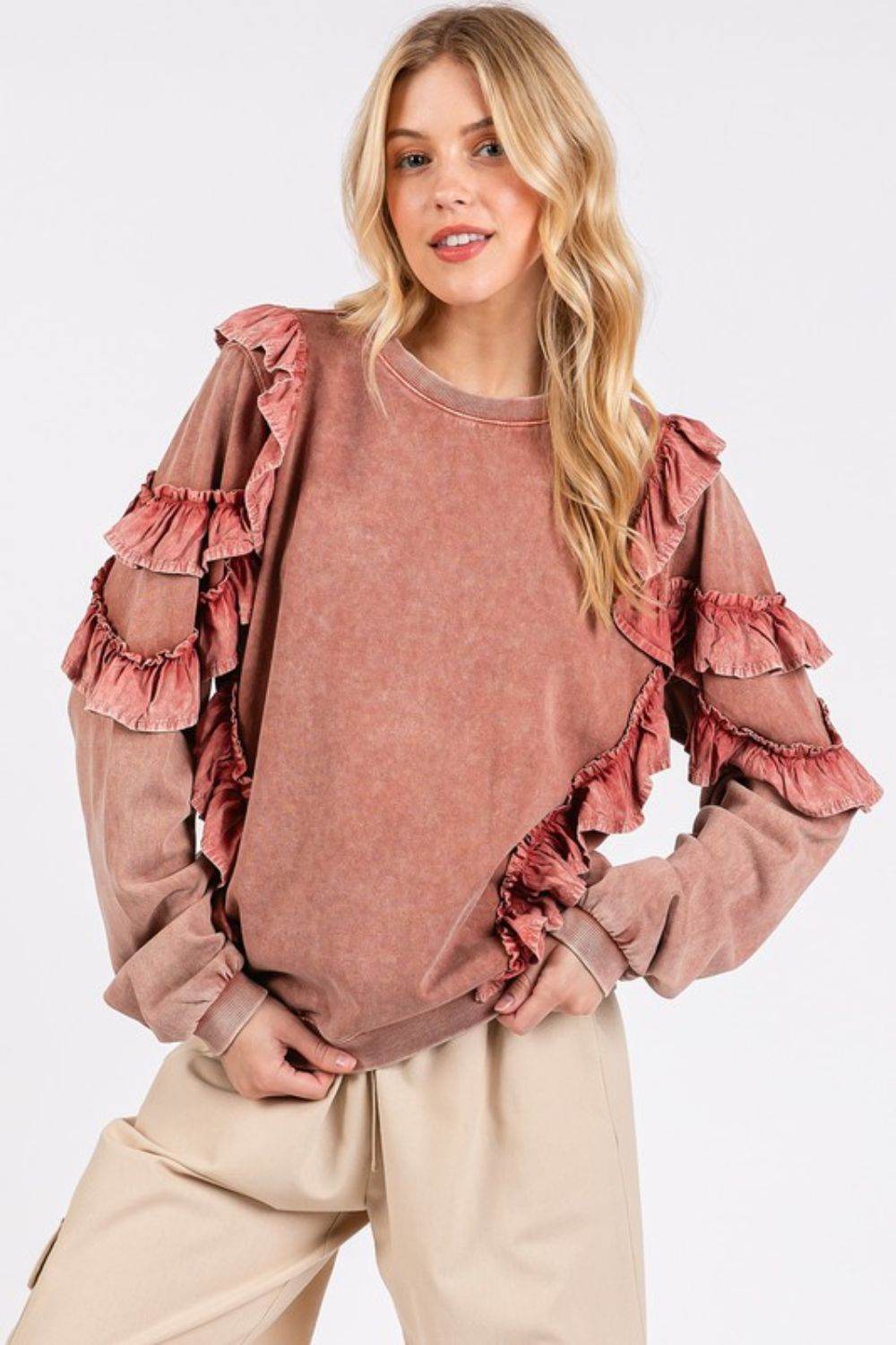 Mittoshop Ruffled Mineral Washed Round Neck Long Sleeve Sweatshirt - Hovatok