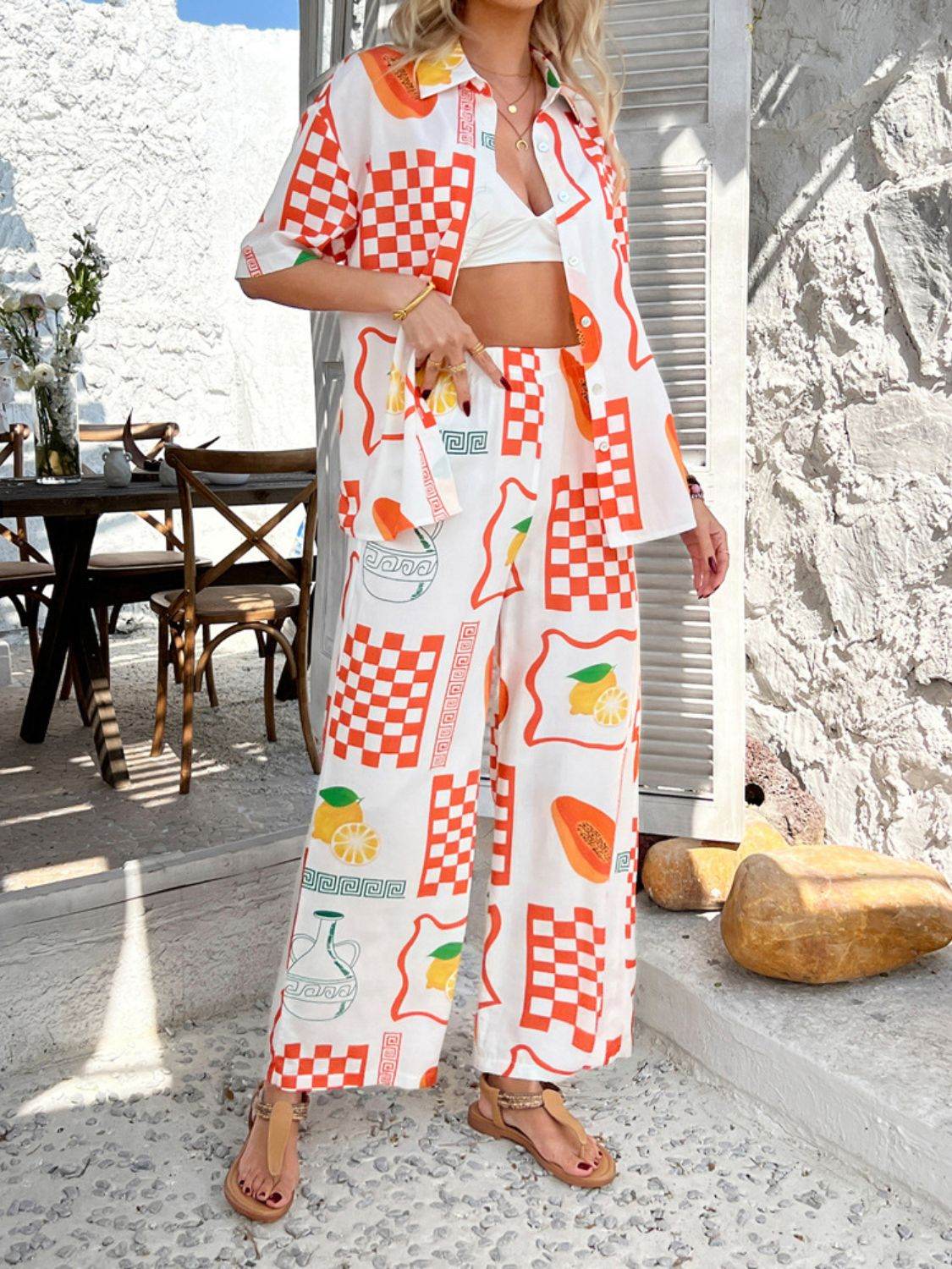 Devine Printed Collared Neck Half Sleeve Top and Pants Set - Hovatok