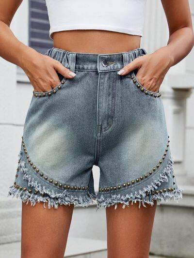 Raw Hem Studded Denim Shorts - Hovatok