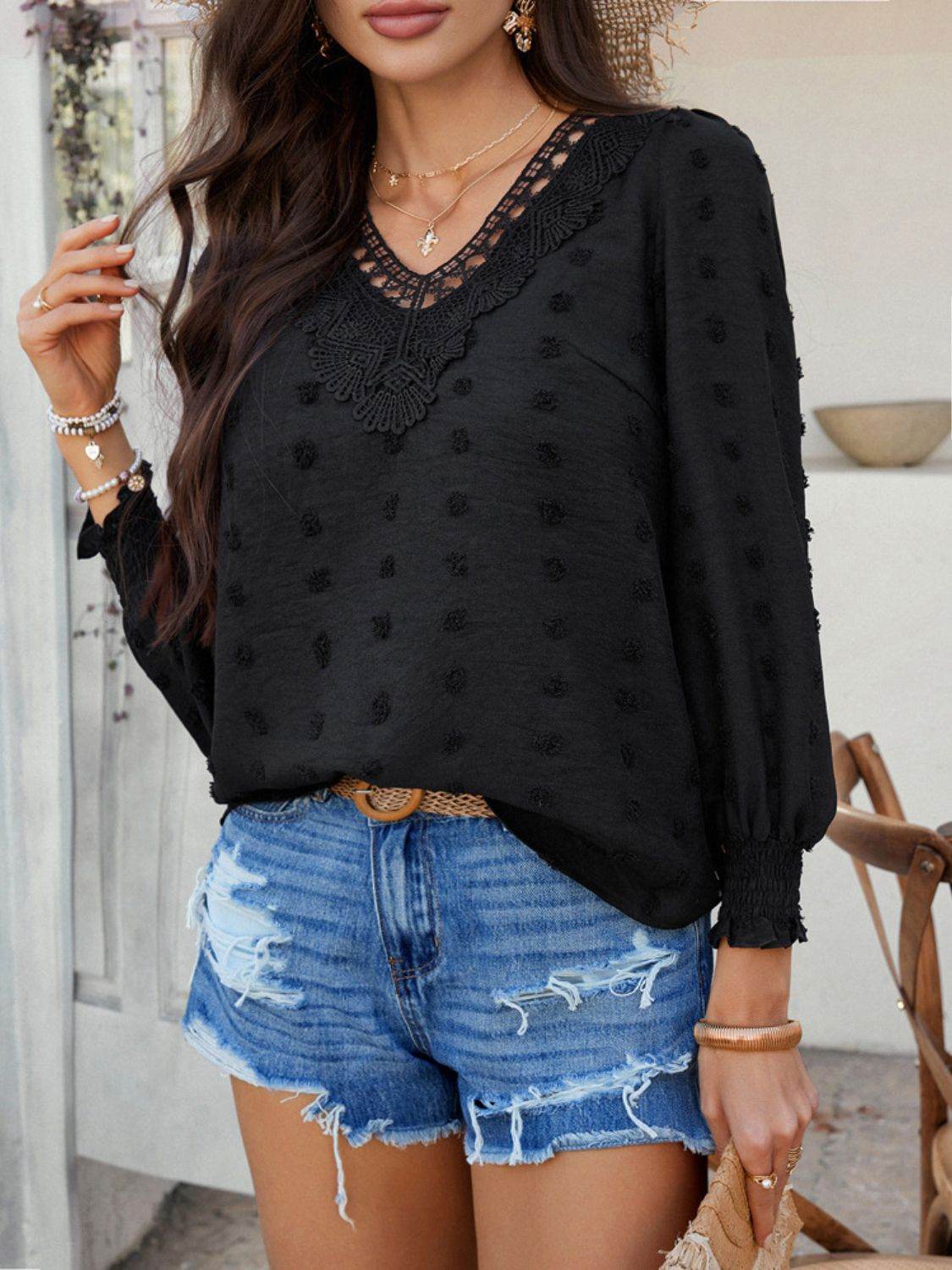 Devine Swiss Dot Lace Detail V-Neck Long Sleeve Blouse - Hovatok