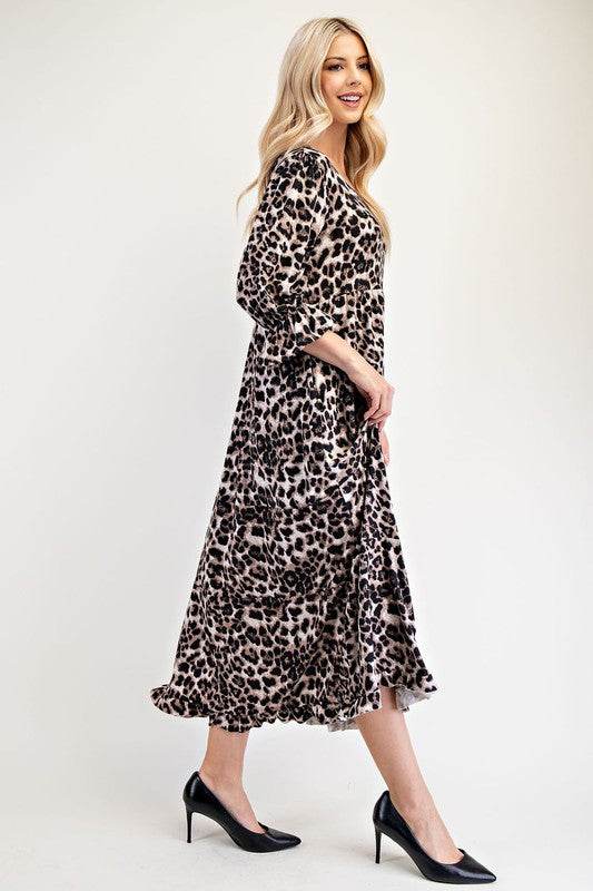 Celeste Full Size Leopard Round Neck Flounce Sleeve Dress - Hovatok