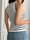 Devine Lace Detail Striped Round Neck Tank - Hovatok