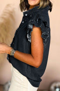 Button Down Raw Hem Ruffled Denim Shirt - Hovatok