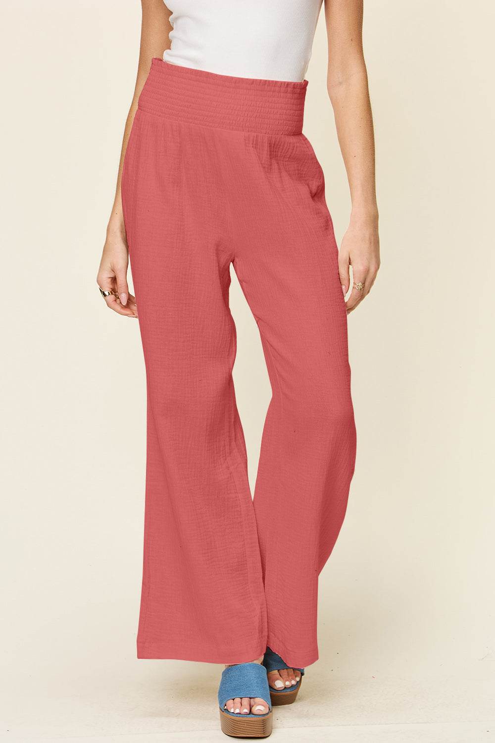 Double Take Full Size Texture Smocked Waist Wide Leg Pants - Hovatok