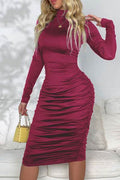 Ruched Mock Neck Long Sleeve Dress - Hovatok