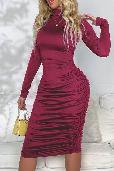 Ruched Mock Neck Long Sleeve Dress - Hovatok