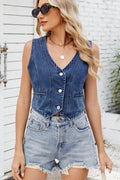 Button Down V-Neck Denim Vest - Hovatok