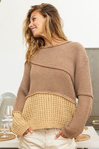BiBi Texture Detail Contrast Drop Shoulder Sweater - Hovatok