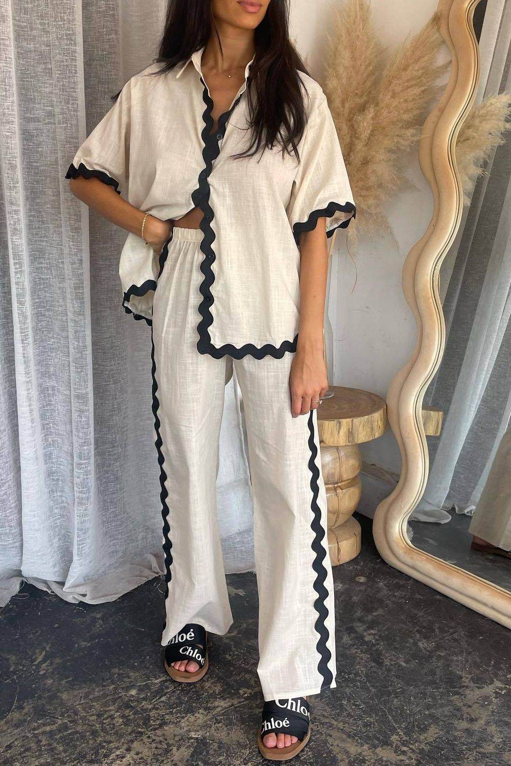 Contrast Trim Half Sleeve Top and Pants Set - Hovatok