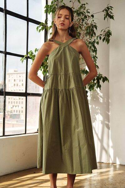 ADORA Crisscross Wide Strap Drawstring Detail Midi Dress - Hovatok