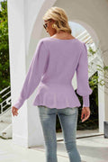 Ribbed Round Neck Lantern Sleeve Sweater - Hovatok