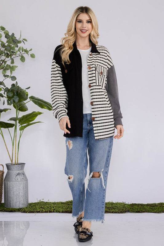 Celeste Full Size Striped Button Up Dropped Shoulder Shacket - Hovatok