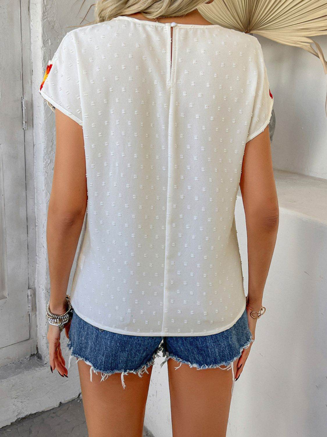 Devine Swiss Dot Round Neck Crochet Short Sleeve Top - Hovatok