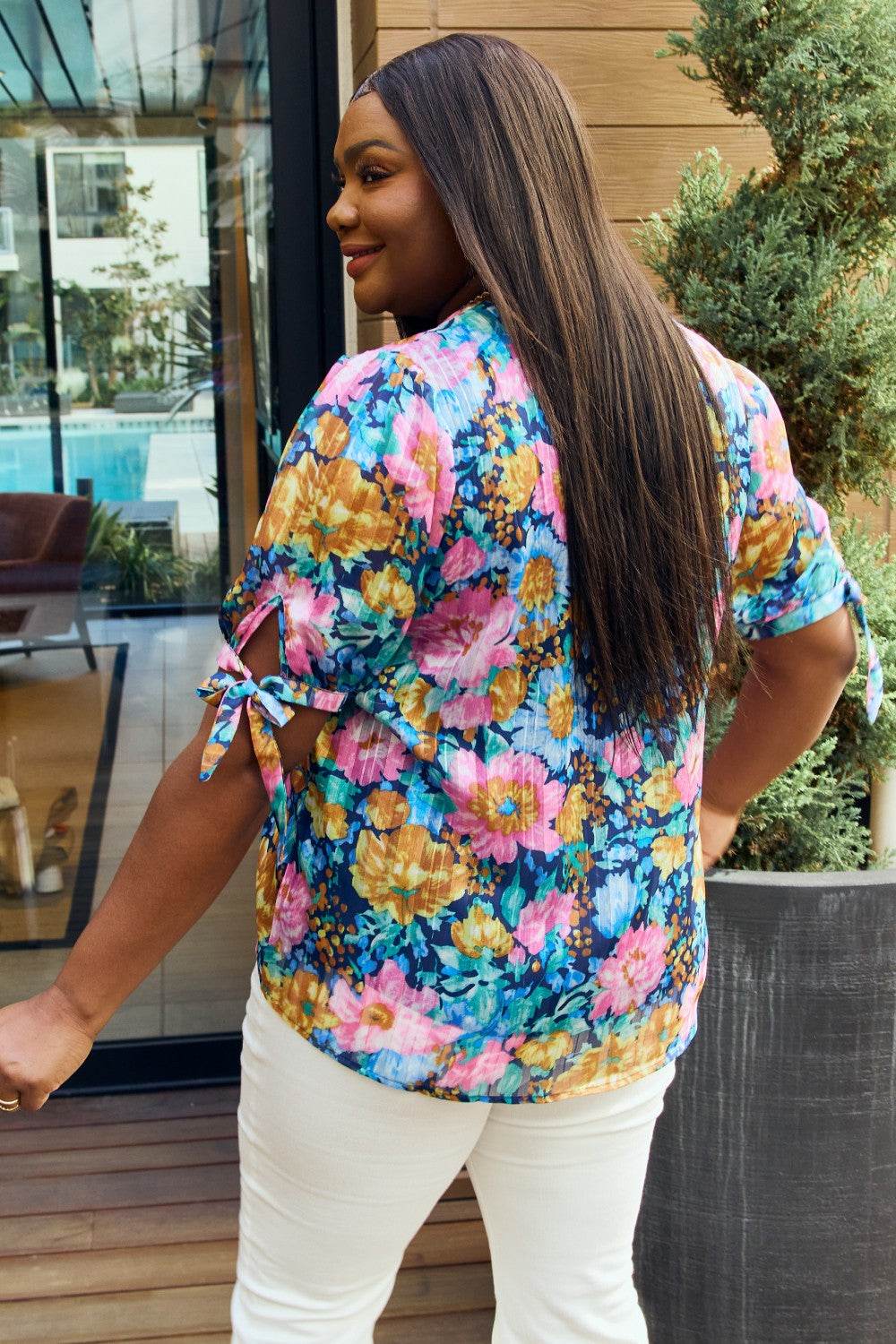 Petal Dew Full Size Floral V-Neck Tie Detail Blouse - Hovatok