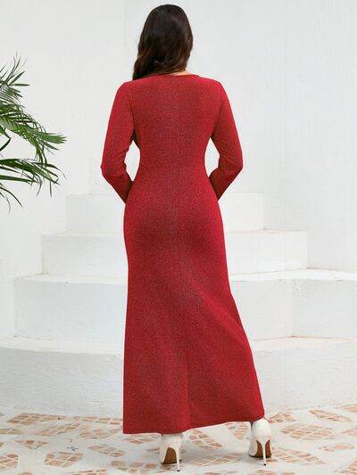 Ruched Round Neck Long Sleeve Dress - Hovatok