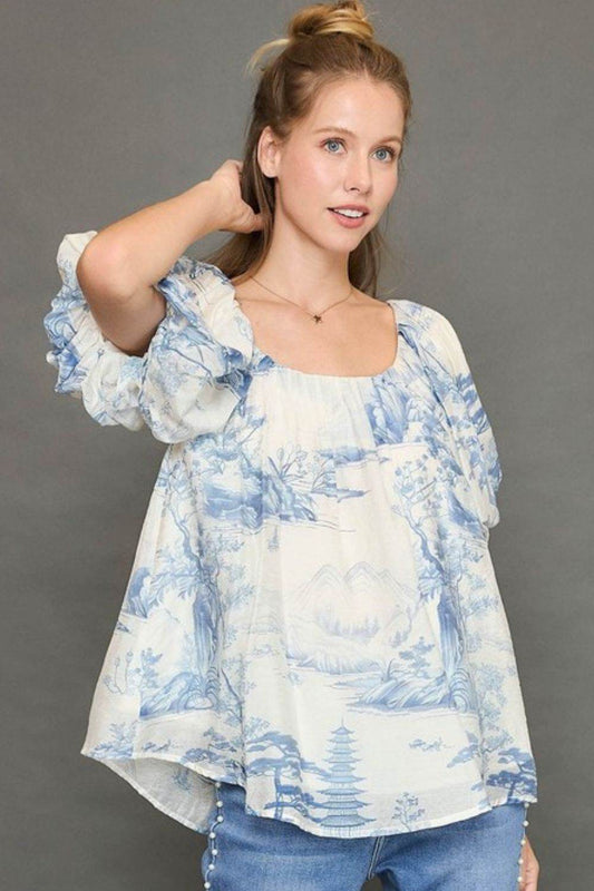 Umgee Full Size Two Tone Toile Print Top Plus Size - Hovatok