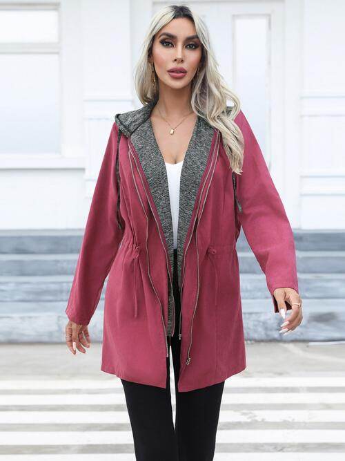 Zip Up Drawstring Hooded Trench Coat - Hovatok