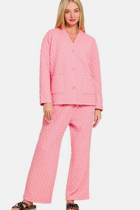 Zenana Quilted Button Up Long Sleeve Top and Pants Lounge Set - Hovatok