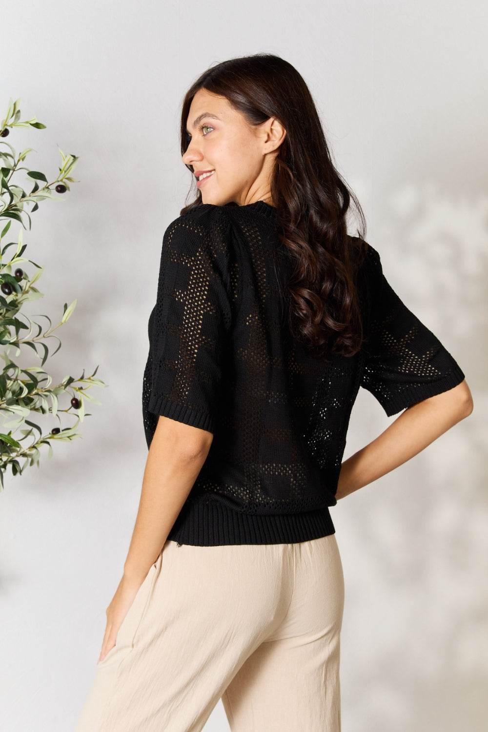 Mandy Ribbed Trim Round Neck Knit Top - Hovatok