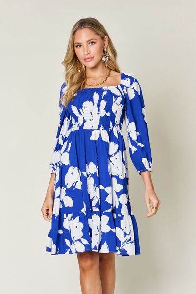 Double Take Full Size Floral Ruffle Hem Smocked Dress with Pockets - Hovatok