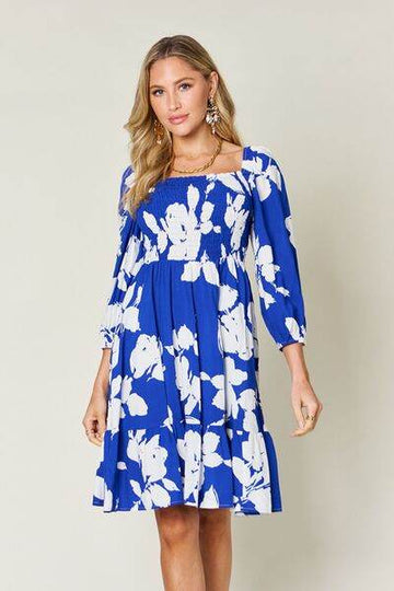 Double Take Full Size Floral Ruffle Hem Smocked Dress with Pockets - Hovatok