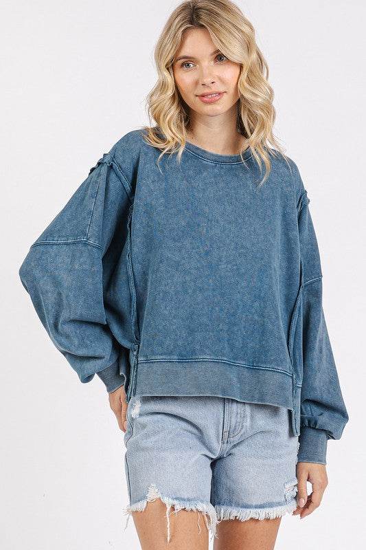 Mittoshop Side Slit Exposed Seam Round Neck Sweatshirt - Hovatok