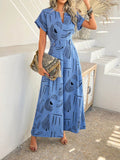 Devine Printed Notched Short Sleeve Wide Leg Jumpsuit - Hovatok