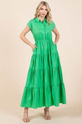 Mittoshop Button Up Collared Tiered Maxi Shirt Dress - Hovatok