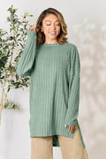 Basic Bae Full Size Ribbed Round Neck Long Sleeve Slit Top - Hovatok