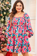 Plus Size Smocked Floral Square Neck Balloon Sleeve Dress - Hovatok