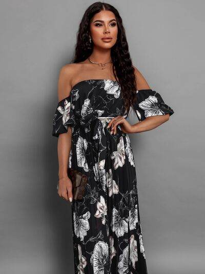 Pleated Floral Off-Shoulder Short Sleeve Midi Dress - Hovatok