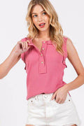 Ces Femme Stitch Detail Half Button Ribbed Tank - Hovatok