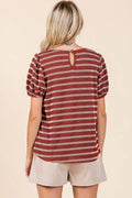 Mittoshop Contrast Striped Short Puff Sleeve Knit Top - Hovatok