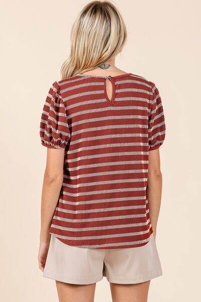 Mittoshop Contrast Striped Short Puff Sleeve Knit Top - Hovatok
