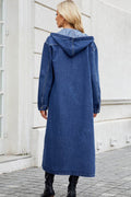 Button Up Long Sleeve Longline Hooded Denim Outerwear - Hovatok