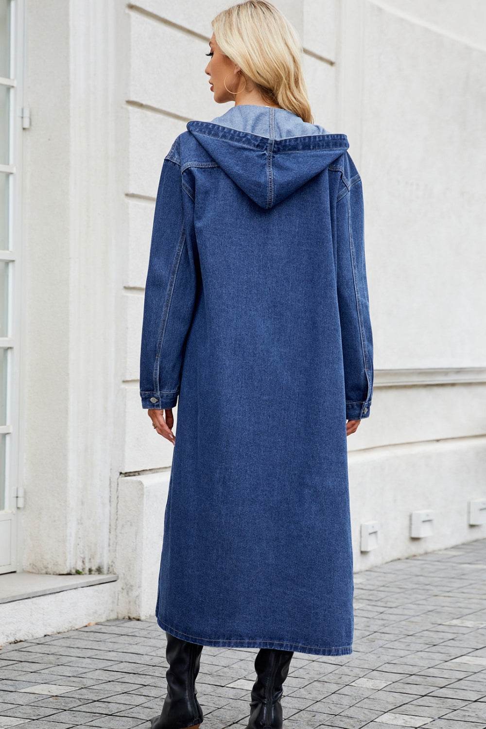 Button Up Long Sleeve Longline Hooded Denim Outerwear - Hovatok