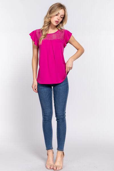 ACTIVE BASIC Ruffle Short Sleeve Lace Detail Knit Top - Hovatok