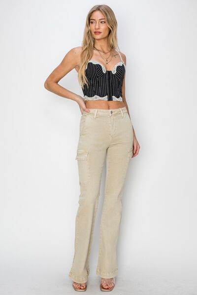 RISEN Full Size High Rise Side Slit Cargo Bootcut Jeans - Hovatok
