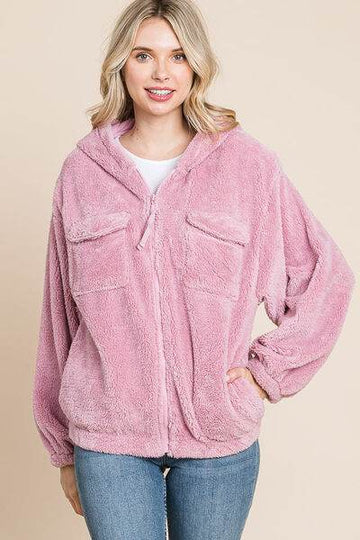 Culture Code Faux Fur Zip Up Hooded Jacket with Side Pockets - Hovatok