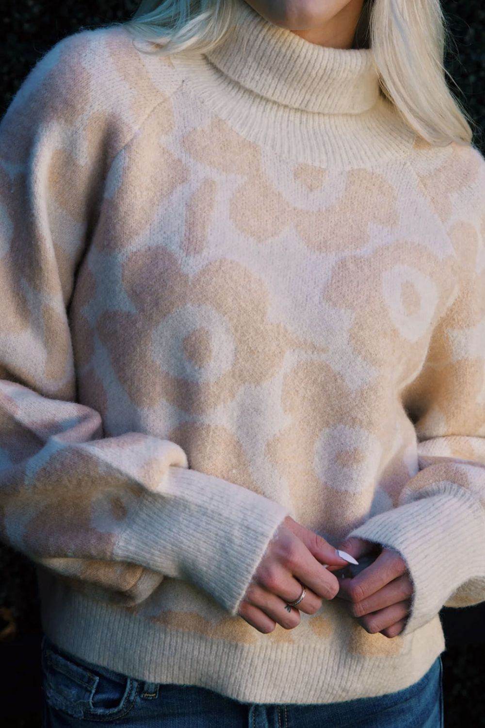 Flower Pattern Turtleneck Long Sleeve Sweater - Hovatok