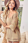 BiBi Washed Notched Short Sleeve Top - Hovatok